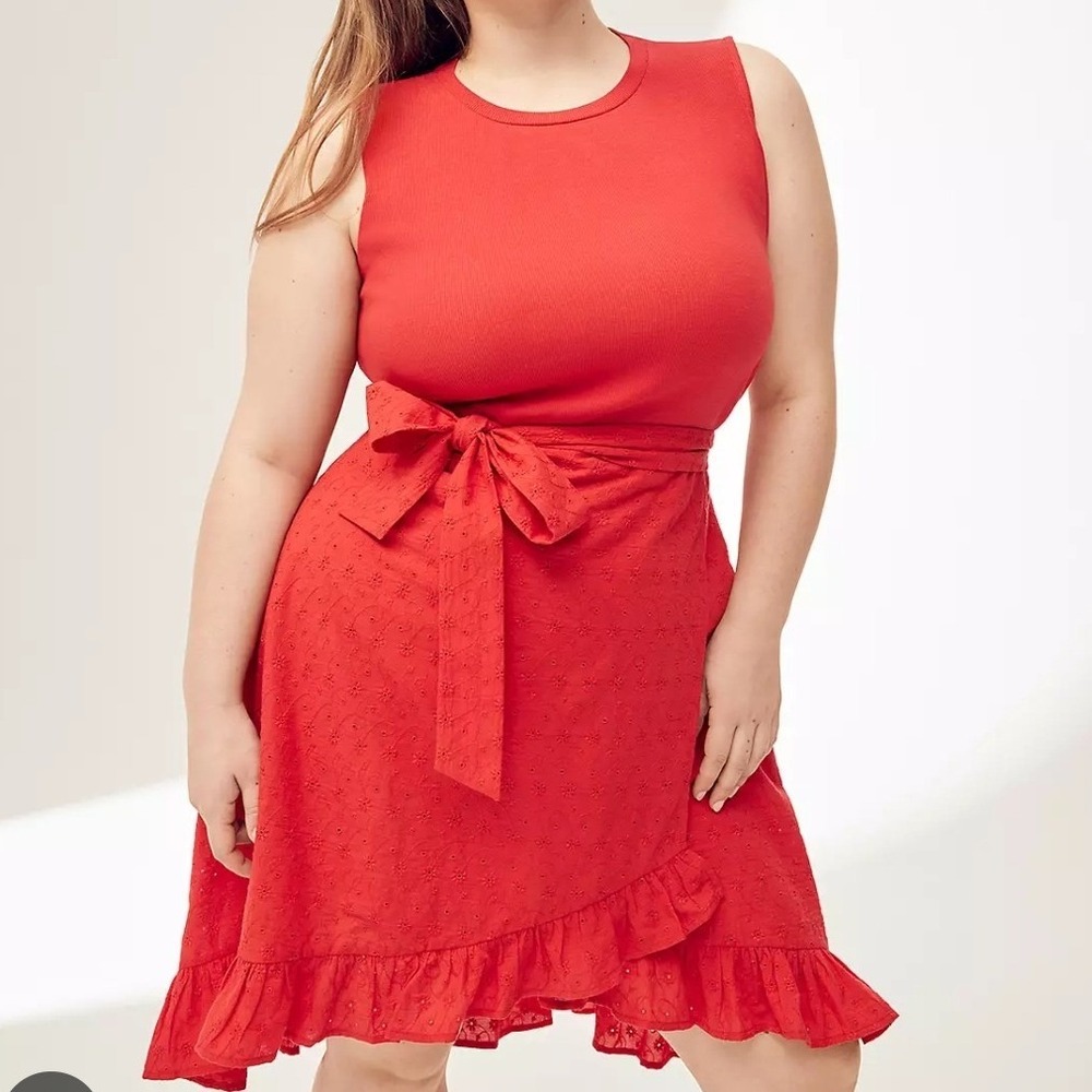 NWT Lane Bryant Red Ribbed Knit Eyelet Skirt Dress Sleeveless 24‎